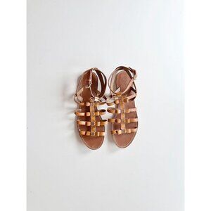TORY BURCH Kira Brown Leather Bow Logo Medallion Gladiator Sandals, Size 8.5